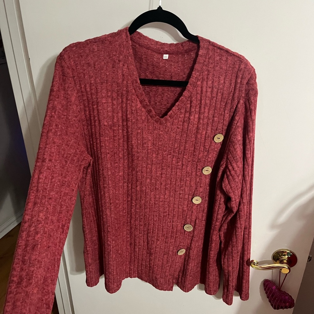 🖤 XXL Women's Ribbed V-Neck Sweater - Dark Red